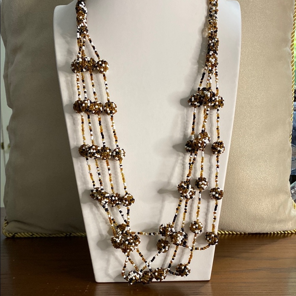 Chic Multi-Strand Beaded Necklace - Brown and Gold